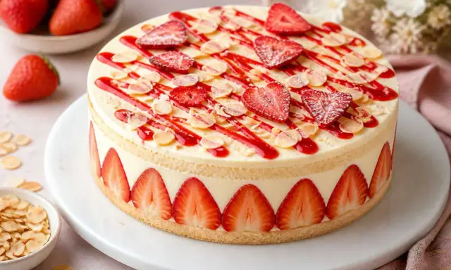 Gâteau génoise aux fraises facile, décoré de fraises fraîches, coulis rouge et amandes effilées. Un délice printanier !