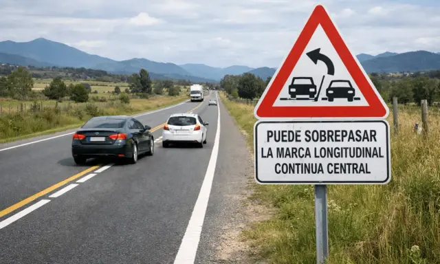 Señal de tráfico que indica que se puede rebasar la marca longitudinal continua central.