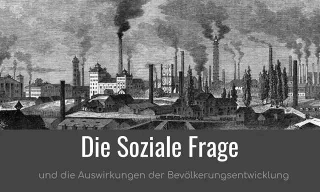 Dampfende Fabrikschlote über einer Stadt, die die soziale Frage und die Auswirkungen der Bevölkerungsentwicklung symbolisiert.