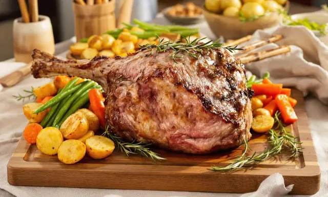Gigantesque cuisse d'agneau rôtie, servie avec des pommes de terre, des carottes et des haricots verts sur une planche en bois. Un plat de fête savoureux.