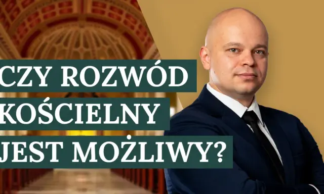 Mężczyzna w garniturze pyta: "Czy rozwód kościelny jest możliwy?". W tle kościelne wnętrze.
