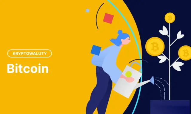 Kobieta podlewa drzewko z monetami bitcoin, symbolizując wzrost i pozytywne prognozy bitcoin.