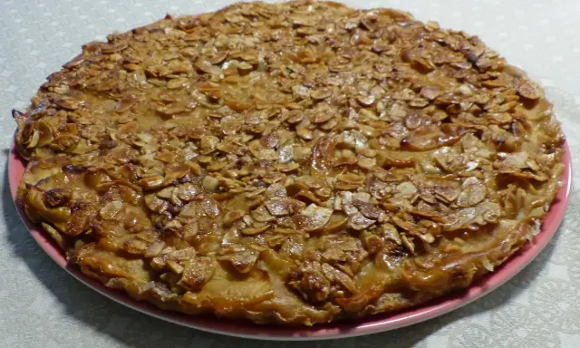 Gâteau rustique aux pommes et amandes effilées sur une assiette rose.