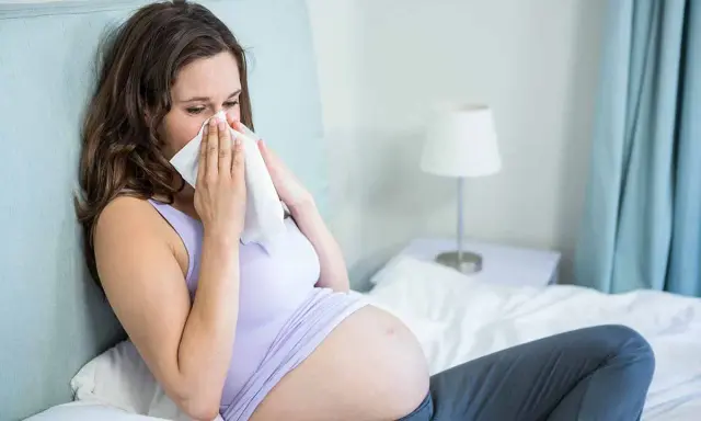 Donna incinta con raffreddore, cerca sollievo con un fazzoletto. La scelta di un antistaminico in gravidanza richiede attenzione.