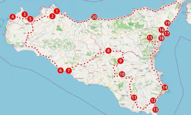 Mapa Sycylii z zaznaczonymi trasami i punktami, w tym lotniska. Punkty od 1 do 20 oznaczają miejsca do odwiedzenia.