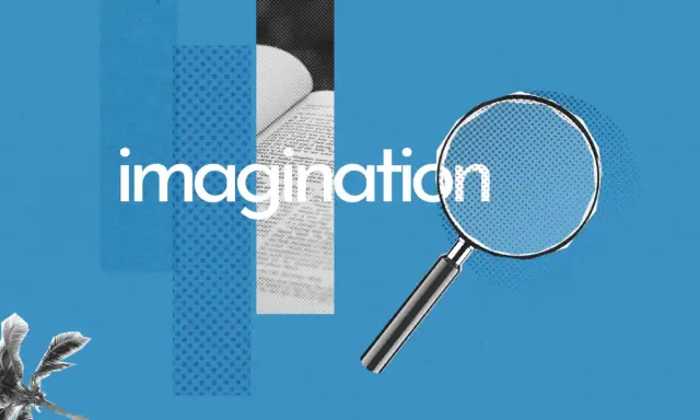 Loupe examinant le mot "imagination" sur un livre ouvert, un palmier en bas à gauche. Un synonyme d'imagination.