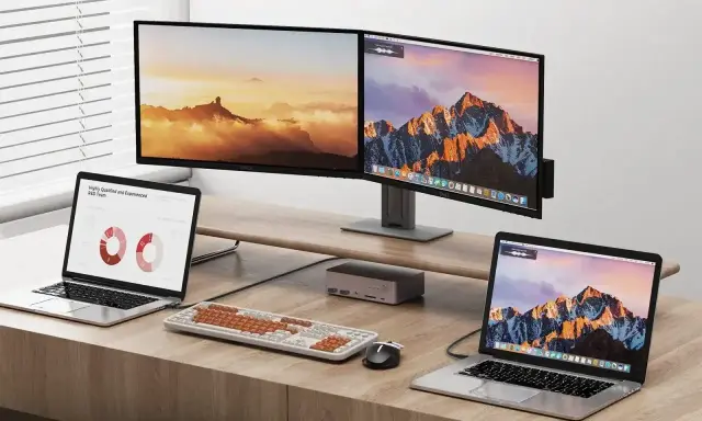 Dwa monitory i dwa laptopy na biurku. Dowiedz się, jak podłączyć dwa monitory do laptopa z jednym HDMI, używając stacji dokującej.