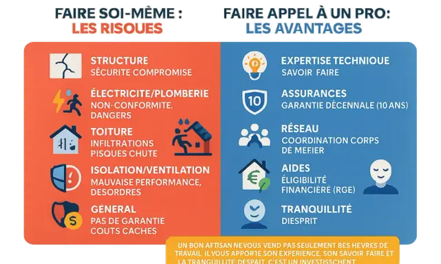 Comparaison des risques du bricolage et des avantages de faire appel à un professionnel pour la rénovation maison ancienne.