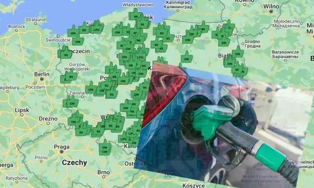 Mapa Polski z zaznaczonymi stacjami paliw i cenami. W tle widać dystrybutor paliwa. Sprawdź aktualną cng cenę!