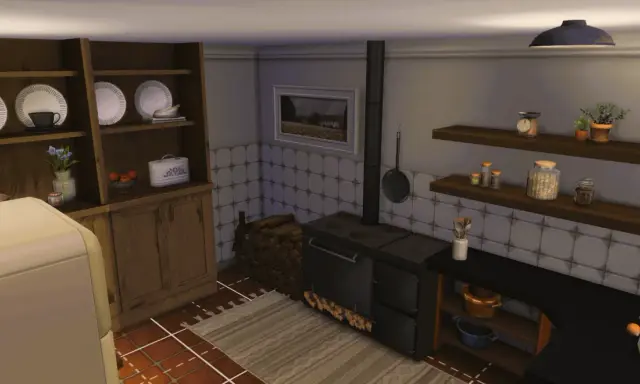 Przytulna kuchnia w stylu rustykalnym, idealna do gry The Sims 4. Drewniane meble, piec kaflowy i domowe dodatki tworzą ciepłą atmosferę.