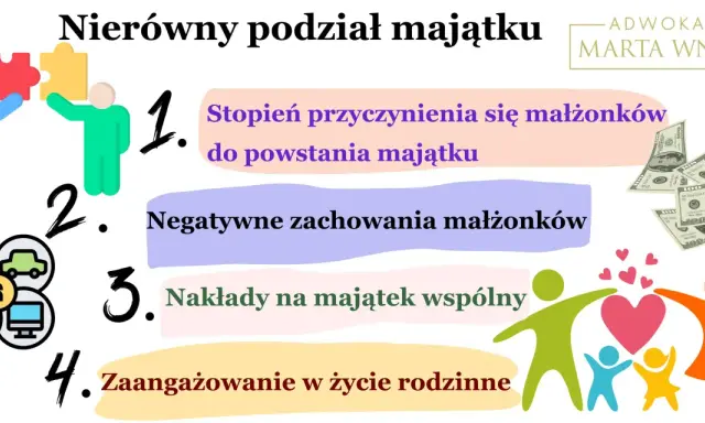 Argumenty do nierównego podziału majątku: stopień przyczynienia, negatywne zachowania, nakłady i zaangażowanie w życie rodzinne.