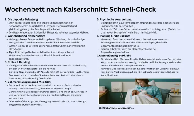 Eine Mutter hält ihr Neugeborenes im Arm. Der Text thematisiert das Wochenbett nach Kaiserschnitt und die damit verbundenen **Hormone nach Geburt**.