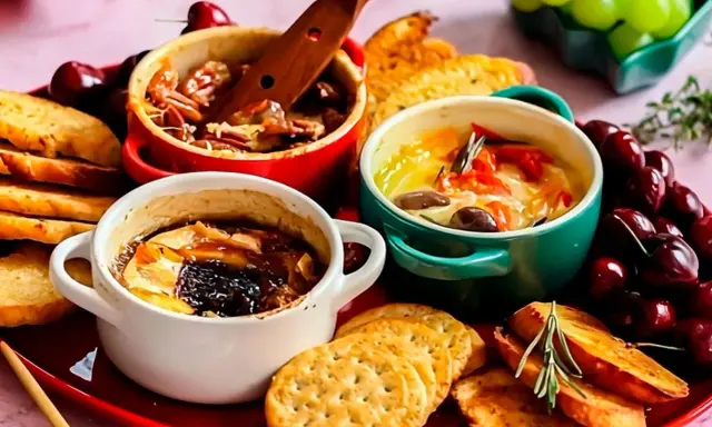 Drei kleine Auflaufförmchen mit geschmolzenem Camembert, garniert mit Nüssen, Tomaten und Kräutern, serviert mit Brot und Kirschen.