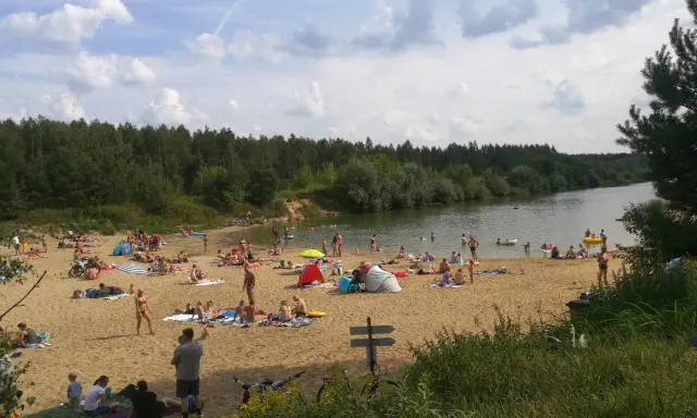 Tłoczna plaża nad jeziorem trzciańskim. Ludzie opalają się, kąpią i odpoczywają na piasku.