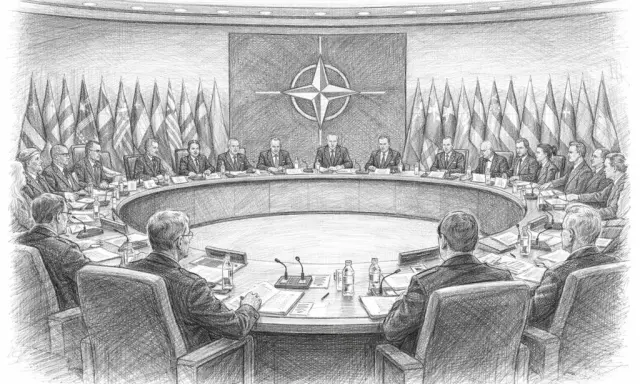 Eine Gruppe von Staatsmännern sitzt an einem runden Tisch, umgeben von Flaggen, und diskutiert über die Zukunft, vielleicht über die Abwehr von **Imperialismus**.