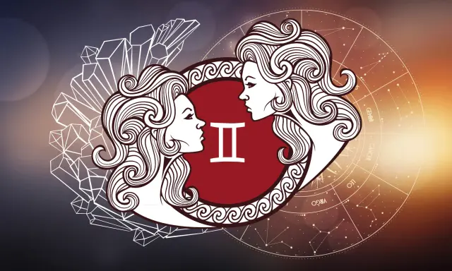 Dwie twarze symbolizujące panna znak zodiaku, otoczone kryształami i kołem zodiaku.