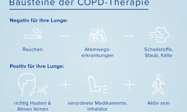 Bausteine der COPD-Therapie: Rauchen, Atemwegserkrankungen und Schadstoffe sind negativ. Richtig husten, Medikamente (wie der brimica wirkstoff im Inhalator) und Aktivsein sind positiv für die Lunge.