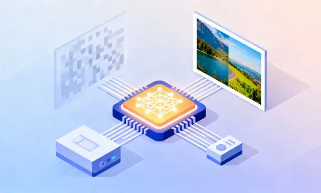 Procesamiento de datos para poner fondo negro a una foto. Un chip de IA procesa información de un código QR y genera una imagen con paisajes.
