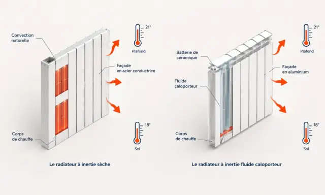 Comparaison de deux radiateurs électriques à inertie : l'un à inertie sèche avec façade en acier, l'autre à inertie fluide caloporteur avec façade en aluminium.
