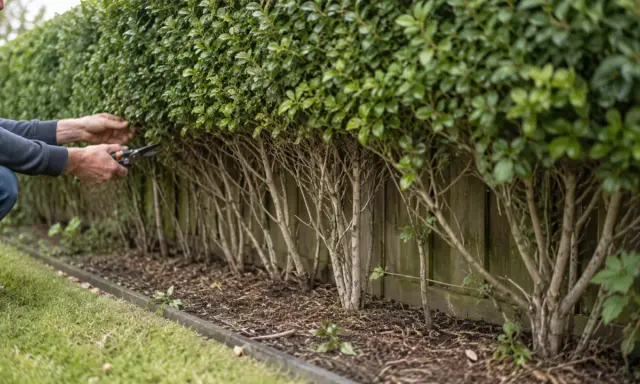 Mężczyzna przycina żywopłot liściasty, dbając o jego kształt. Właściwy czas na przycinanie żywopłotu liściastego to klucz do jego zdrowia.