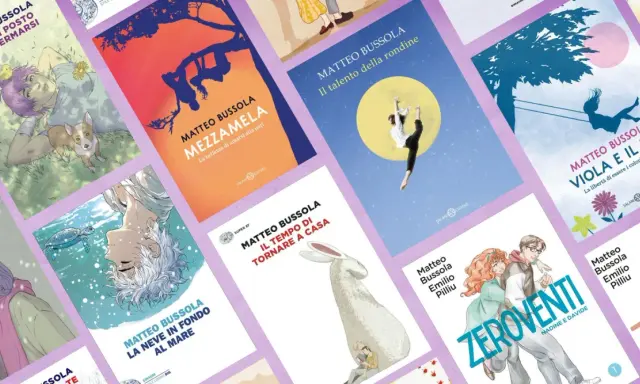 Copertine di libri di Matteo Bussola: "Un buon posto in cui fermarsi", "Mezzamela", "Il talento della rondine", "Viola e il blu", "La neve in fondo al mare", "Il tempo di tornare a casa" e "Zeroventi".