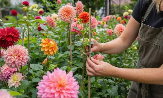 Un jardinier attache une tige de dahlia en pot. Des fleurs aux couleurs vives, roses, oranges et rouges, parsèment le parterre.