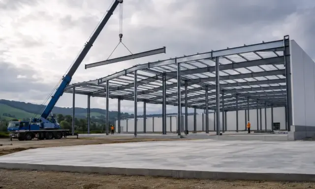 Grúa instala viga en estructura metálica de nave industrial. El diseño de naves industriales avanza con la colocación de elementos clave.