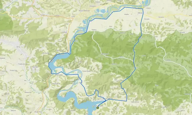 Mapa z zaznaczonymi trasami rowerowymi wokół Jeziora Rożnowskiego.
