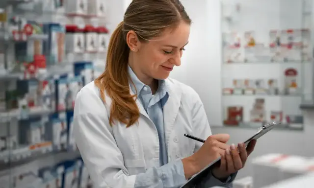 Farmaceutka w białym fartuchu notuje na tablicy, przygotowując receptę farmaceutyczną.