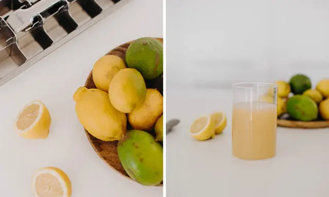 Eiswürfelform und frische Zitronen und Limetten für erfrischende Getränke. Perfekt, um Limetten einzufrieren und immer einen Vorrat zu haben.