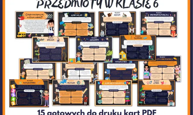 Przedmioty w klasie 6: język polski, matematyka, historia, geografia, biologia, technika, informatyka, wychowanie fizyczne, etyka, religia, języki obce.