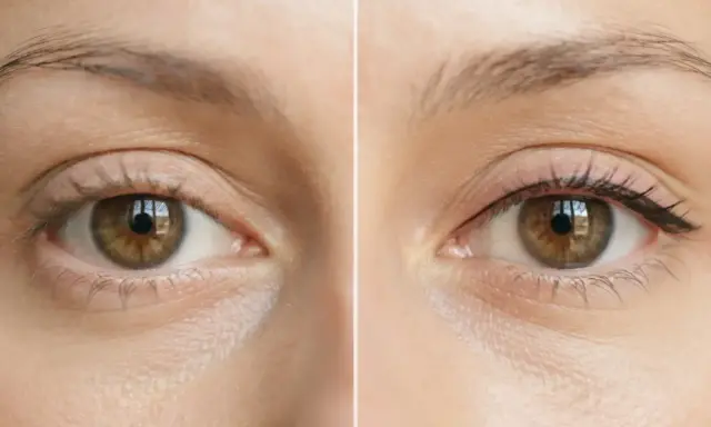 Avant/après : un œil sans maquillage et un œil avec un trait d'eye-liner fin, évoquant le maquillage permanent cils.