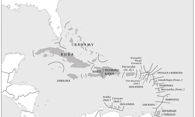 Mapa Karaibów, gdzie leżą m.in. Kuba, Bahamy, Jamajka, Haiti, Dominikana, Portoryko, Antigua i Barbuda, Gwadelupa, Martynika, Barbados, Trynidad i Tobago.