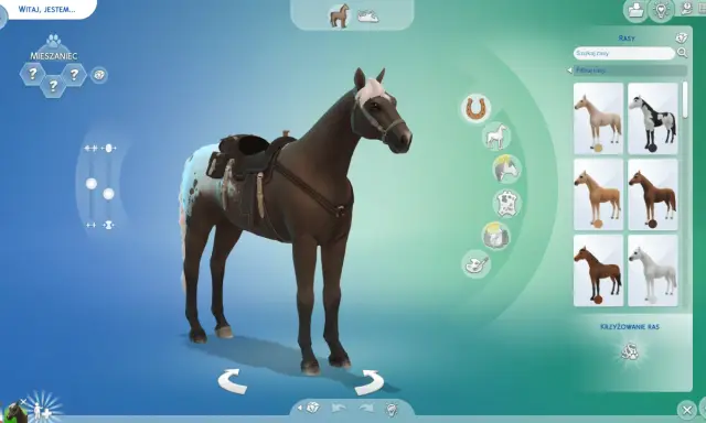 Tworzenie konia w The Sims 4. Widoczny ciemnobrązowy koń z jasną grzywą i plamami na zadzie, w siodle. Po prawej panel wyboru ras koni.