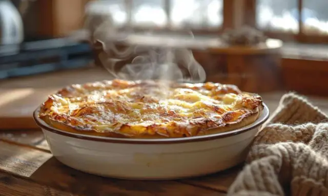 Un plat gratiné et fumant sort du four, prêt à être dégusté. La chaleur s'échappe doucement, promettant un délice réconfortant.