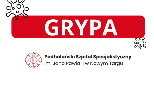 Grafika z napisem "GRYPA" i ikonami wirusów. Pod spodem logo szpitala. Dowiedz się, co na grypę w Podhalańskim Szpitalu Specjalistycznym.