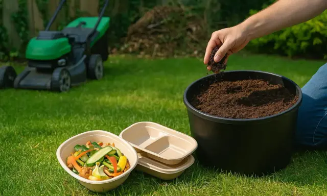 Persona añade tierra a un compostador al aire libre. Hay restos de comida y un cortacésped en el jardín.