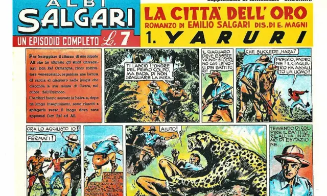 Fumetto "La Città dell'Oro" di Emilio Salgari: avventura nella giungla con caccia al giaguaro. Curiosità su Salgari e le sue storie.