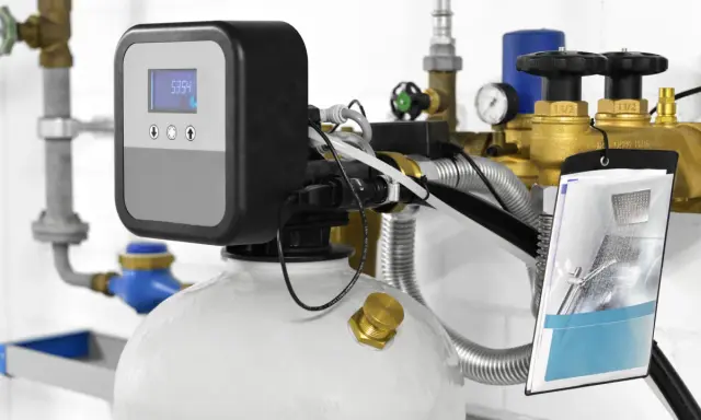 Système de traitement d'eau moderne, avec écran digital affichant "5354". Ce dispositif, conçu par un fabricant adoucisseur d'eau, est entouré de tuyauterie en laiton et de vannes.