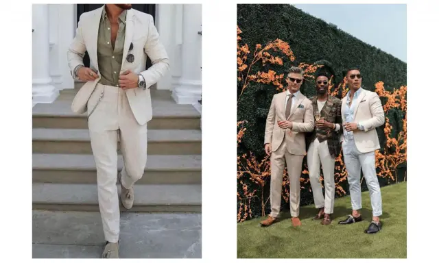 Men in light-colored suits showcase dressy casual wedding attire. One man wears a cream suit with a green shirt, while others sport tan suits and light trousers.