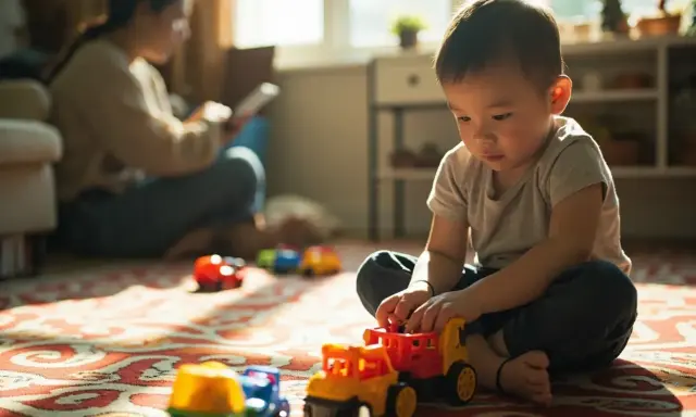 Chłopiec bawi się samochodzikami, podczas gdy matka w tle przegląda tablet. Czasem nawet w takich chwilach może kryć się **ptsd u dzieci**.