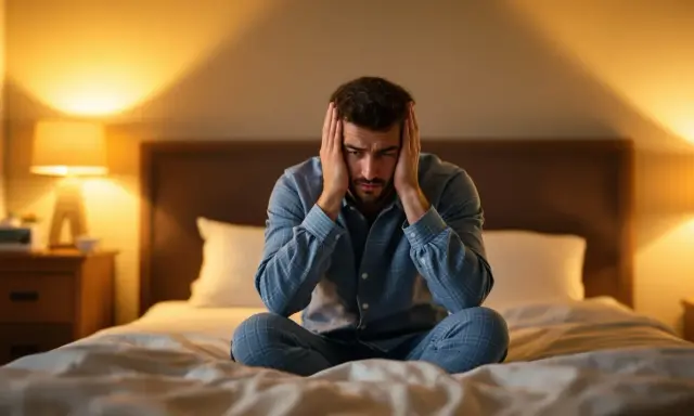 Uomo a letto con le mani sulle orecchie, sofferente per l'ansia da vicini rumorosi. La stanza è illuminata da luci soffuse.