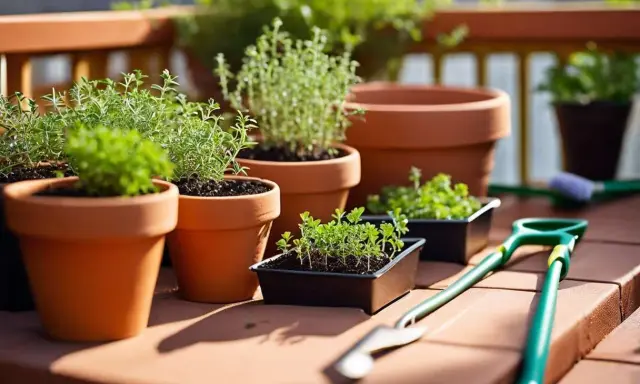 Plusieurs plants de thym en pot, prêts à être transplantés, sur un balcon ensoleillé. Des outils de jardinage sont à proximité.