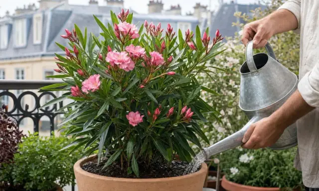 Un laurier rose en pleine floraison, arrosé par une main tenant un arrosoir. Un bon engrais pour laurier rose assure une telle beauté.
