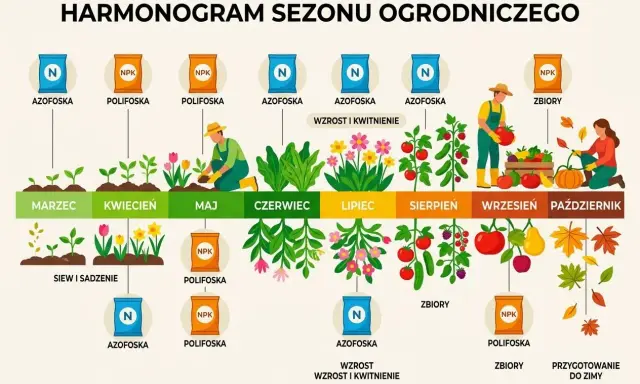 Harmonogram nawożenia: Azofoska w marcu i maju, Polifoska w maju i wrześniu. Wzrost i kwitnienie w czerwcu, lipcu, sierpniu. Zbiory we wrześniu.