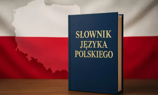 Słownik języka polskiego na tle flagi Polski. Poznaj zasady ortograficzne i wzbogacaj swoje słownictwo.