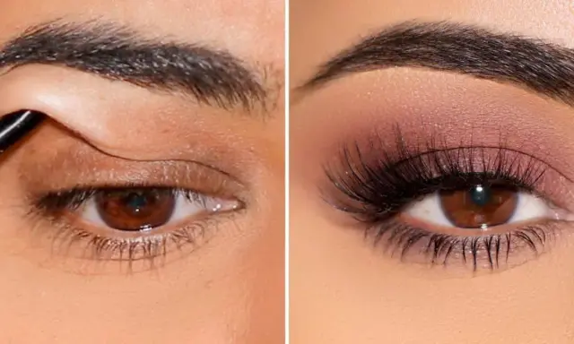 Trucco per palpebre cadenti: prima e dopo. L'occhio sinistro mostra l'applicazione della linea, il destro un look completo con ombretto e ciglia finte.