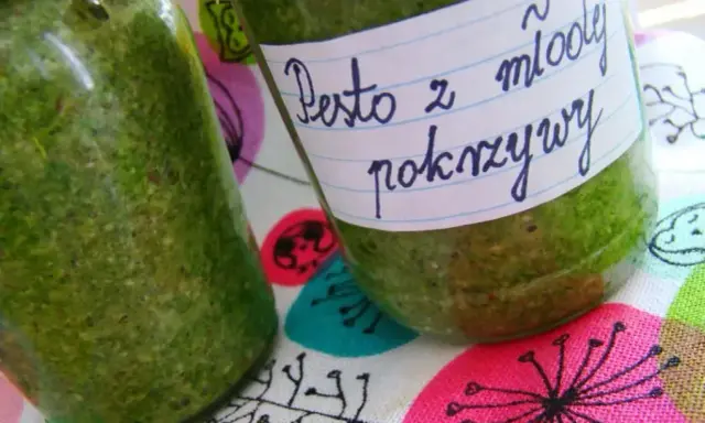 Dwa słoiki z zielonym pesto z pokrzywy, jedno z etykietą "Pesto z młodej pokrzywy".