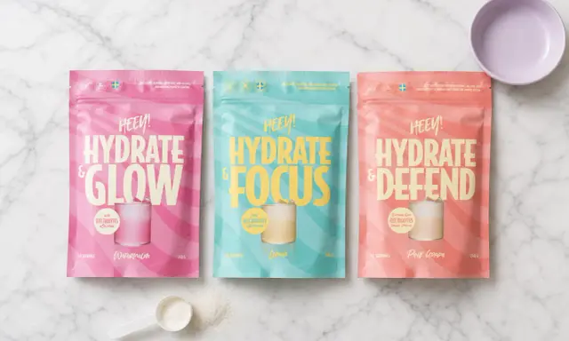 Tre påsar med pulver för elektrolytdryck: "Hydrate & Glow", "Hydrate & Focus" och "Hydrate & Defend". Perfekt som dricka vid magsjuka för att återställa vätskebalansen.