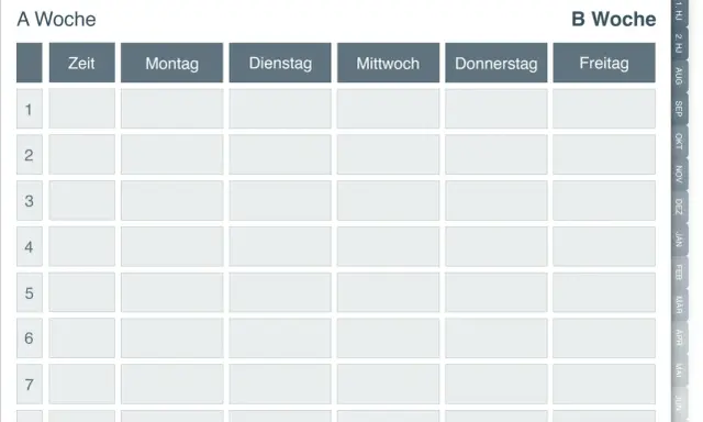 Ein leerer Stundenplan für die "A Woche" mit Feldern für Zeit, Montag bis Freitag und 8 Zeitstunden. Ideal als schuljahreskalender zum ausdrucken.